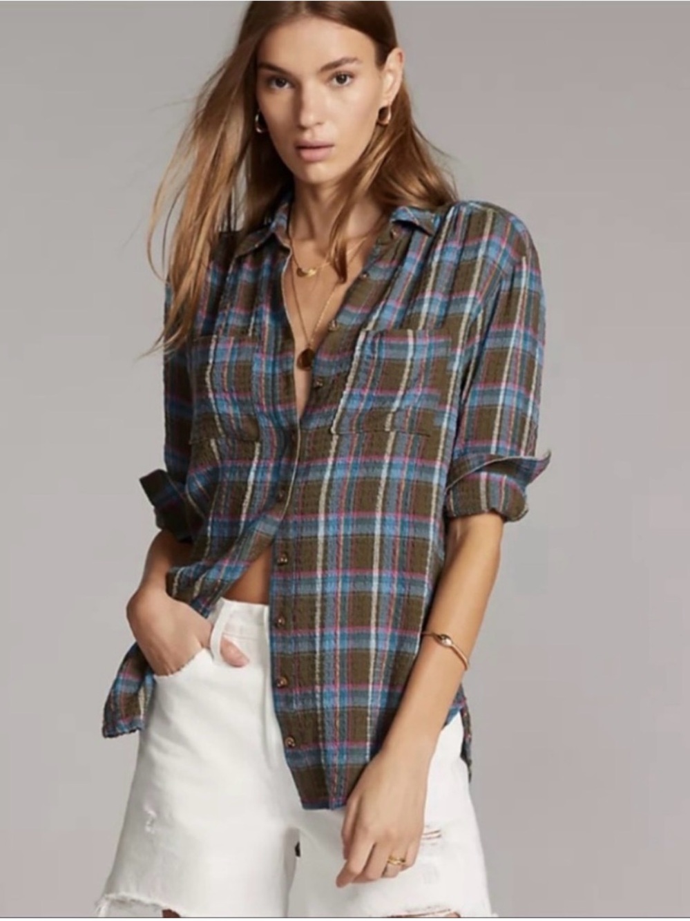 Anthropologie Pilcro Plaid Button-Up Shirt in Olive and Blue Size XS
